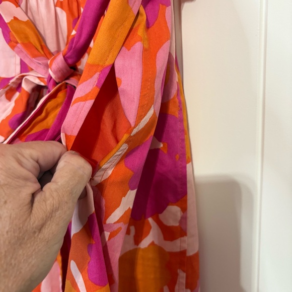 Floral Women Belted Midi Shirt Dress Cap Sleeves Sz S Orange Pink - Picture 7 of 14